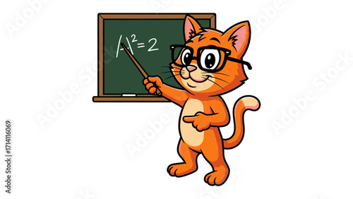 Clever Cat Teaches Math: An intelligent, cartoon cat, adorned with spectacles, enthusiastically explains the intricacies of a math equation on a chalkboard, portraying the concept of education