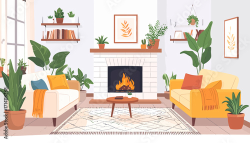 Cozy Living Room With Fireplace and Many Plants