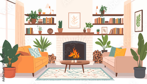 Cozy Living Room Scene With Fireplace And Bookshelves