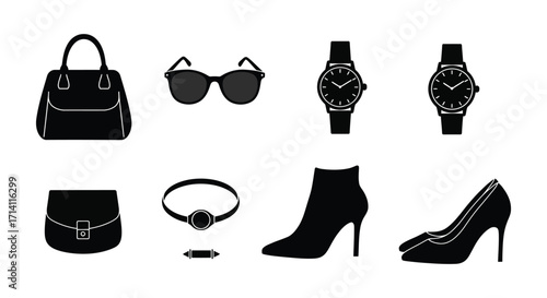 Black silhouettes of fashionable accessories including handbags watches and shoes