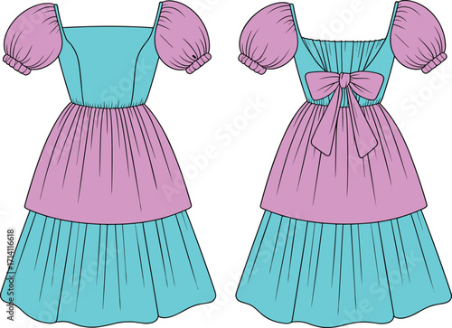 Colorful mini dress with a square neckline, puffed sleeves, and tiered skirt. A CAD drawing flat vector illustration.