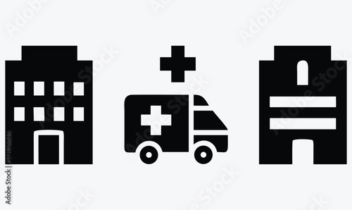 Minimalist Hospital Glyph Icons Set,  Ambulance, First Aid, Emergency Cross, Medical Silhouette Vector