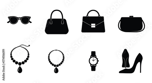 Black and white fashion accessories collection bags jewelry sunglasses and shoes