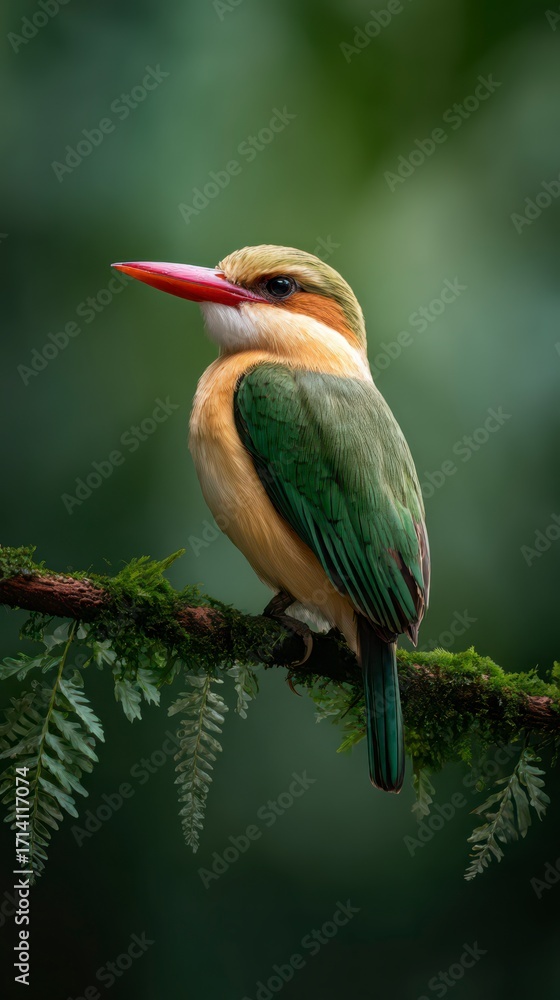Fototapeta premium A detailed, crisp image of a colorful bird is perfectly positioned, perched with utmost grace on a verdant branch, capturing its exquisite features in a realistic depiction.