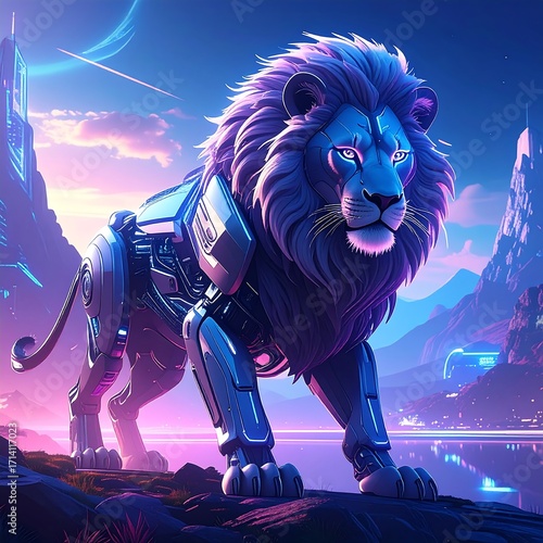 Futuristic lion with mechanical elements