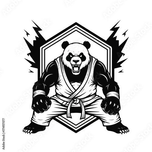 A fierce panda warrior in a martial arts gi, ready for combat, with a hexagonal emblem behind it.