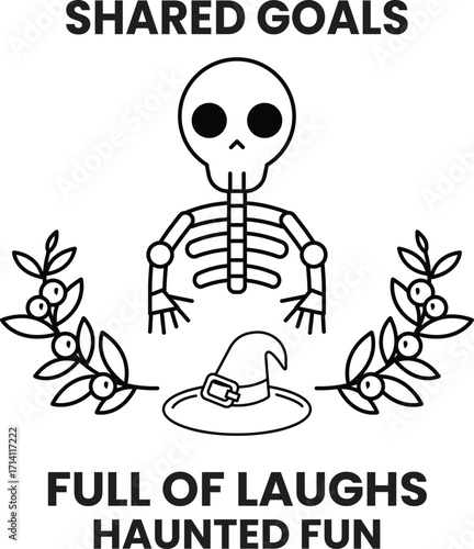A skeleton is holding a hat and a skull is on the right side of the image