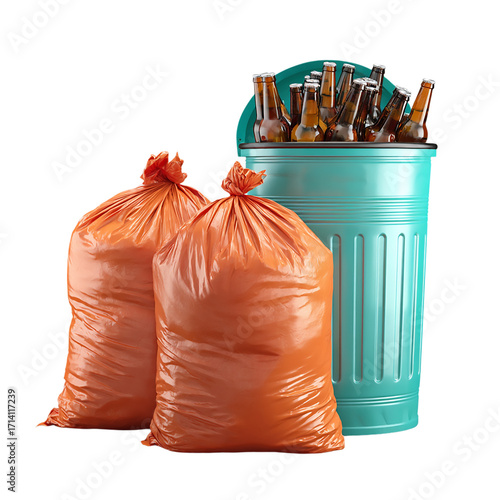 Still life of trash bags and a full trash can with glass beer bottles isolated on transparent background