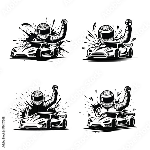 Black and white illustrations of a race car and a victorious driver with helmet and dynamic splatter effects, showcasing speed and triumph.