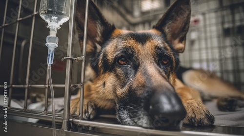 German Shepherd dog patiently receiving IV drip treatment inside a veterinary clinic cage.
