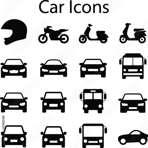 Car icons vector set transportation vehicles motorcycle bus scooter silhouette design element collection 100