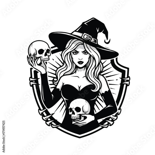 Monochrome illustration of a witch holding skulls against a shield backdrop.