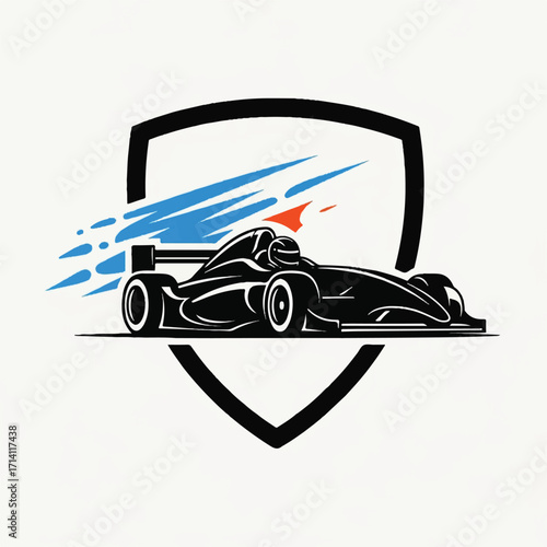 Racing car logo design with shield shape, showcasing a fast-moving race car.
