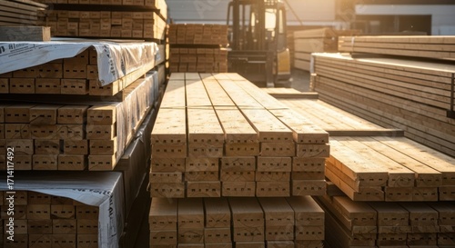 Tableau sur toile Lumberyard scene featuring stacks of neatly arranged wooden planks and forklift
