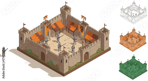Medieval isometric castle with knights and flags in various styles