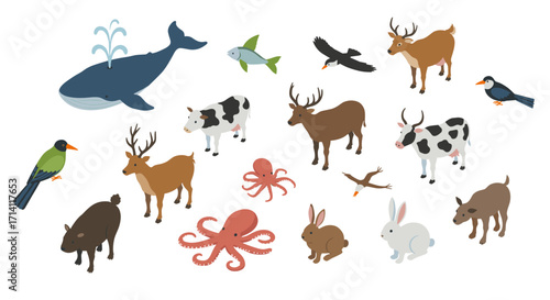 Diverse group of animals in isometric style showcasing terrestrial and marine wildlife