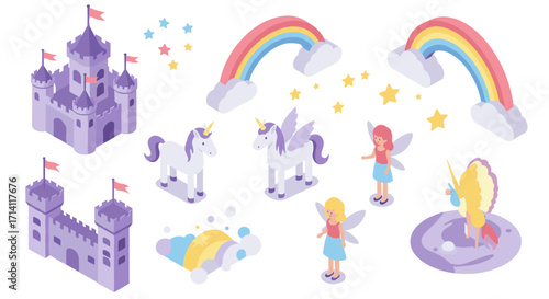 Magical fairyland with unicorns, rainbows, and castles in isometric style