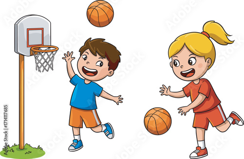 Happy children playing basketball game together, active kids in sportswear, healthy outdoor activity, teamwork, fun competition, physical exercise, smiling faces, ball game