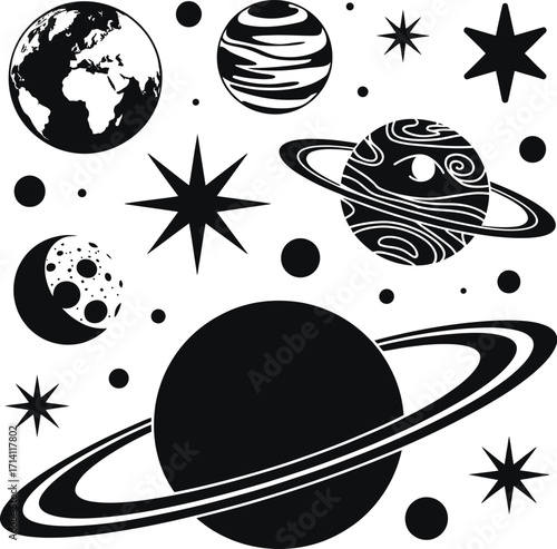 Vector space illustration with planets stars and moon black and white graphic design element isolated