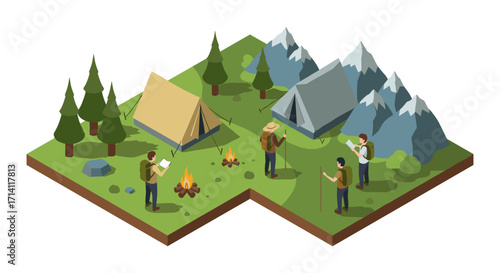 Isometric camping adventure with hikers, tents, and mountain scenery