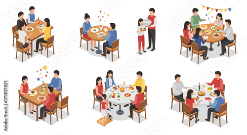 Isometric family dining scenes: families enjoying meals together in various settings