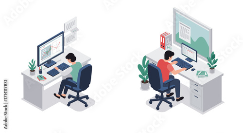 Modern workspace with people working on computers side by side in minimalist style