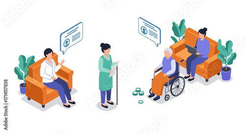 Healthcare communication and support: caregivers and seniors in an isometric design