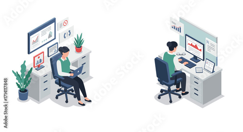 Isometric office worker analyzing data and charts in modern workspace