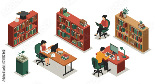 Isometric office workspace with characters engaged in various activities and bookshelves