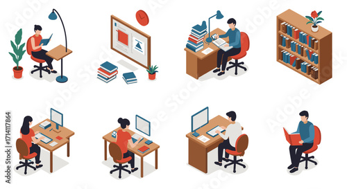 Isometric home office scenes with diverse activities and modern workspaces