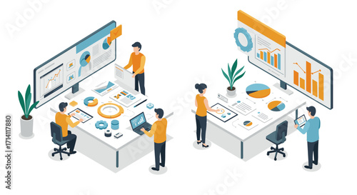 Isometric office team analyzing data and charts in modern workspace