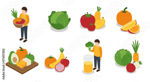 Isometric vegetable and fruit set with characters and healthy food elements