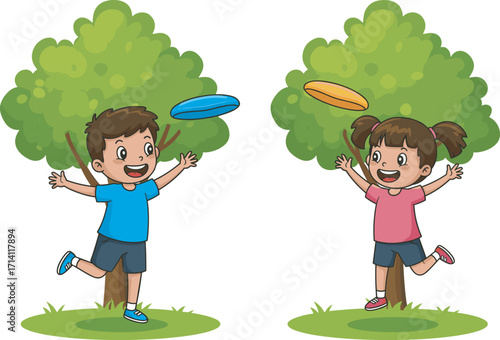 Happy children playing frisbee outdoors, smiling kids enjoying outdoor activity, fun game in park, healthy exercise, summer recreation, playful childhood moments