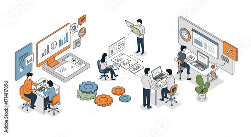 Collaborative office environment with isometric design and technology elements