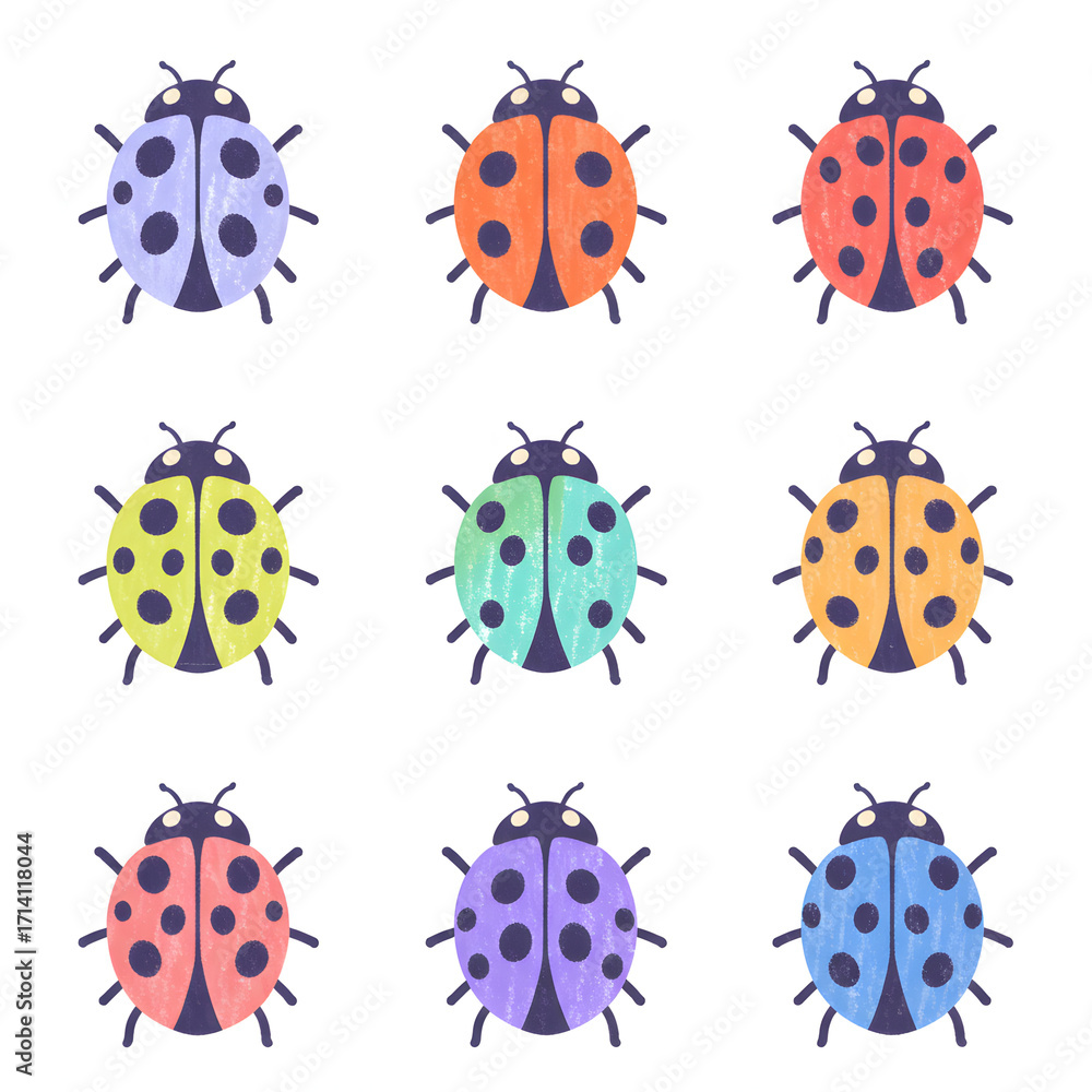 Fototapeta premium Set of Flat Oil Pastel Style Colorful Ladybugs – 9 Variations on One Page