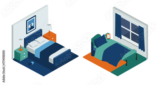 Cozy isometric bedroom designs with modern furniture and decor elements