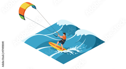 Dynamic isometric kitesurfing adventure with vibrant waves and colorful kite