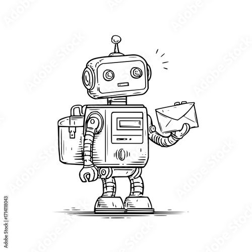 Robot delivery service illustration featuring a cute robot holding an envelope for postal delivery job design