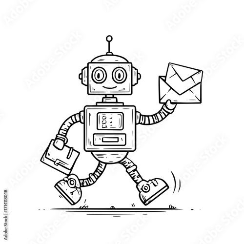 Robot delivery service illustration with mail and briefcase in black and white outline vector design art 100