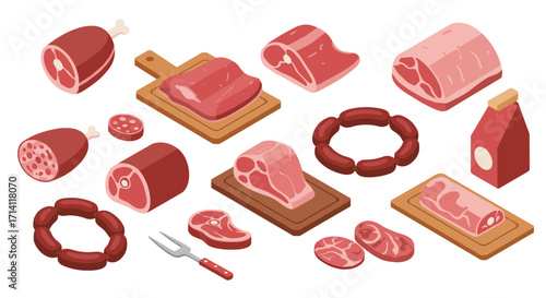 Isometric variety of meats on cutting boards and packaging