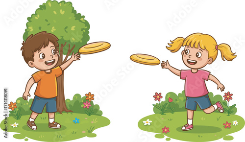Happy children playing frisbee outdoors, smiling kids enjoying outdoor activity, fun game in park, healthy exercise, summer recreation, playful childhood moments