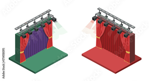 Isometric theater stage with colorful curtains and spotlights