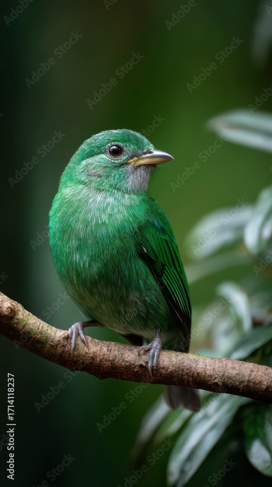 Obraz premium Emerald Songbird's Perch: The vibrant emerald tanager sits elegantly upon a branch, its vivid green plumage a striking contrast to the blurred, verdant background.
