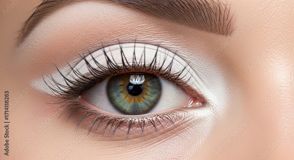 Fototapeta premium A high-detail, professional close-up photograph of a female eye with perfectly blended white eyeshadow, showcasing professional makeup artistry