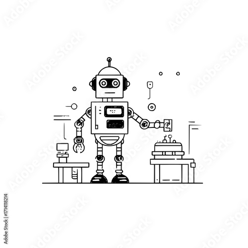 Illustration of a robot automation machine with technology ai and robotic arm in a factory setting design