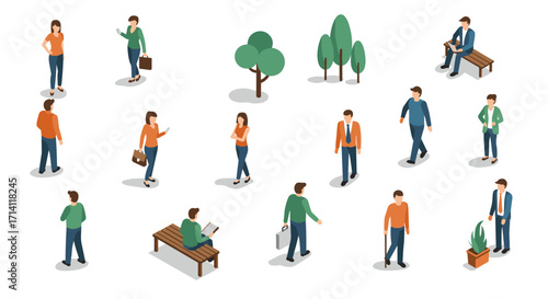 Isometric people and nature: diverse actions and interactions in a park setting