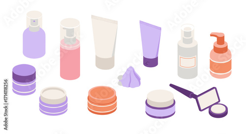 Colorful isometric beauty products set with bottles and creams