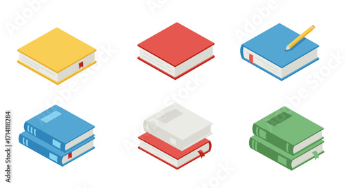 Colorful isometric books collection with pencils and bookmarks