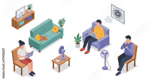 Cozy home office setup in isometric living room with relaxed people and pets