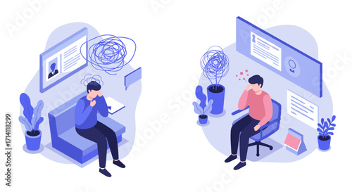 Isometric concept of mental health issues with two distressed men in office and home environments